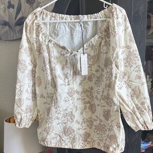 Martha Cream Floral Peasant Blouse with Taupe Print